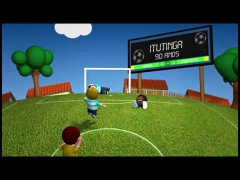 Cena animada de futebol no filme da EPTV sobre aniversários de cidades